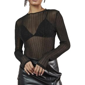 OYOANGLE Women's Mesh Sheer Striped Print Glitter Long Sleeve See Through Bodysuit Tops