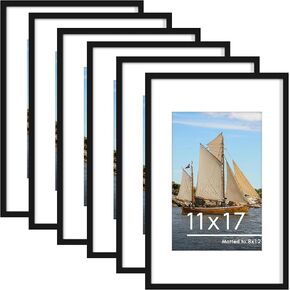 PEALSN 11x17 Picture Frame Set of 6, Display Pictures 8x12 with Mat or 11 x 17 Without Mat for Wall Mounting Display, Photo Frames Collage for Wall Decor, Black.