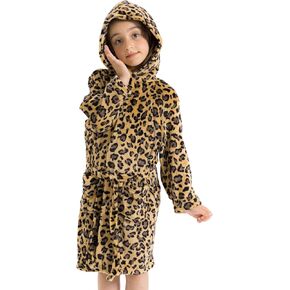 ACTLATI Girls Fleece Hooded Robe, Plush Rainbow Star Unicorn Leopard Bathrobe With Pockets for Age 3-8 Kids Christmas Gifts