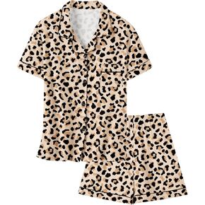 Umeyda Girls Pajamas Set, 2Pj Nightwear Button-Down Sleepwear for Kid 2 Piece Lounge Sets, Brown Leopard, 7-8 Years