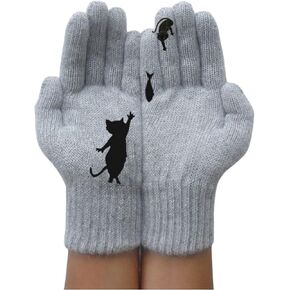Cute Cat and Fish Winter Knit Thermal Gloves, Windproof Warm Mittens Glove for Women Men Teens