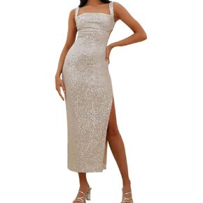Women's Sequin Midi Dress Sexy Sparkly High Split Long Dress Square Neck Lace Up Backless Bodycon Dresses Party Outfits