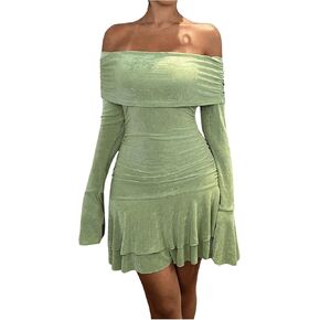 SOLY HUX Women's Off The Shoulder Mini Dress Bell Long Sleeve Ruffle Hem Ruched Bodycon Dresses in Kuwait