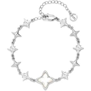 Cicy Bell Womens 18k Gold Plated White Shell Cubic Zirconia Square Cross Adjustable Chain Link Bracelets 6.69" with 2" Extender