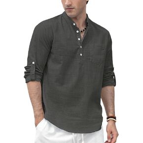Enlision Mens Cotton Linen Henley Shirts Casual Long Sleeve Summer Beach Shirt Hawaii Hippie Button Down T-Shirt for Men in Kuwait