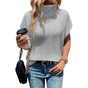 WDIRARA Women's Turtleneck Cap Sleeve Sweater Vest Pullover Knitted Top Loose Oversized Knitwear