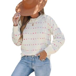 CUPSHE Womens Crewneck Sweaters Long Sleeve Cozy Knit Rainbow Dots Pullover Jumper Tops