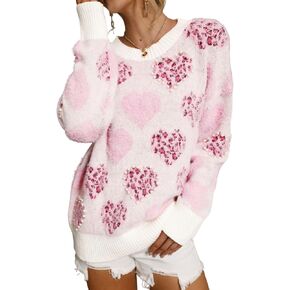 SELINK Women's Fuzzy Heart Sweater V Neck Pearl Drop Shoulder Casual Long Sleeve Valentines Sweaters Pullover Tops in Kuwait