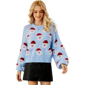 Yimoon Ugly Christmas Sweater for Women Xmas Holiday Party Funny Santa Sweater Cute Cropped Knitted Pullover Tops