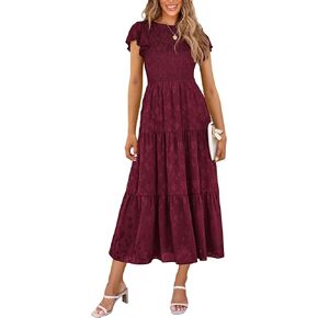 PRETTYGARDEN Women's Floral Midi Dresses 2025 Summer Cap Sleeve Smocked Ruffle A Line Long Flowy Wedding Guest Dress