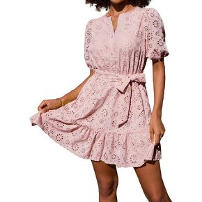 GRACE KARIN Womens Eyelet Vacation Dress Summer Casual A-line Mini Sundress Puff Sleeve Tie V Neck Ruffle Short Beach Dress