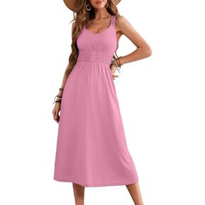 Dokotoo Womens Summer Dresses 2025 Sleeveless Button Down Smocked Elastic Waist Casual A-Line Swing Midi Dress Sundress