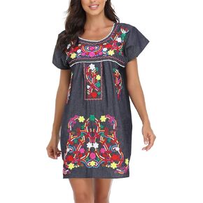 YZXDORWJ Women Embroidered Lace Short Sleeve Dress Peasant Maxi Boho Dress