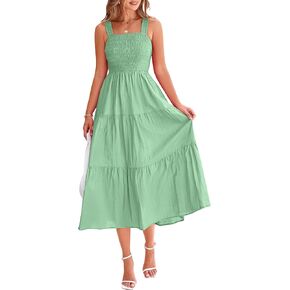 PRETTYGARDEN Womens Smocked Midi Dress 2025 Summer Ruffle A Line Long Flowy Dresses Cute Sleeveless Beach Sundress