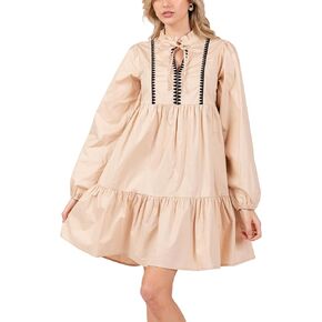 Women's Casual Long Sleeve Tie V Neck Ruffle Tiered A-Line Swing Boho Mini Dress with Pockets