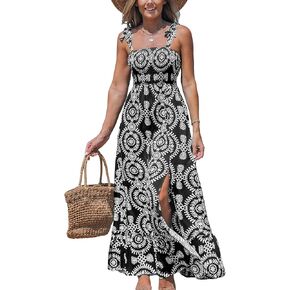 CUPSHE Women's Maxi Dress Smocked Straps Paisley Ruffled Slit A Line Long Beach Summer Dress 2024