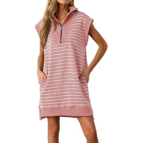 Wenrine Womens Striped Mini Dress Casual Zipper V Neck Cap Sleeve Collared Loose Summer Knit Dresses