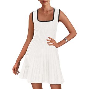 MASCOMODA Women 2025 Summer Mini Dresses Sleeveless Sweater Dress Color Block Square Neck A Line Swing Knit Short Tank Dress