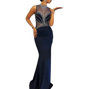 Women's Sexy Elegant Rhinestone Birthday Party Club Night Bodycon Evening Maxi Dress