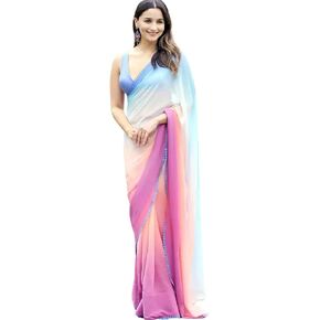 Alia bhatt Saree celebraty inspired sari Bollywood partywear Satin and Georette Printed saree (unstitch Blouse)