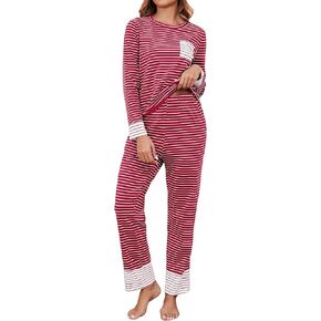 Womens Cotton Pajama Sets Stripe Long Sleeve 2 Piece Lounge Set Soft Pj Set Winter Loungewear Sleepwear with Pockets