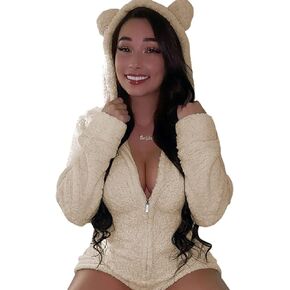 Womens Warm Fuzzy Romper Short Playsuit Jumpsuit with Hooded