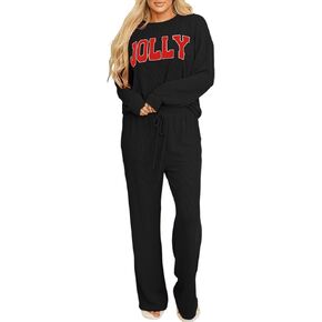 Christmas Pajamas for Women Loungewear Ribbed Long Sleeve Top and Pants with Pockets Lounge Sweatsuit Set