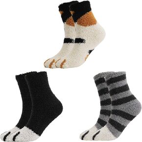 3 Pairs Slipper Socks for Women Girl, Winter Indoor Socks Fuzzy Fluffy Home Socks Soft Cat