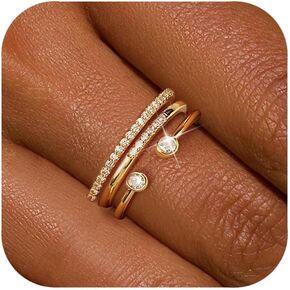 Stackable Gold Rings for Women Non Tarnish Dainty 14K Gold Plated 3/4PCS Cubic Zirconia Ring Set Thumb Rings Trendy Statement Promise Wedding Bands Engagement Rings Size 6 7 8 9 10
