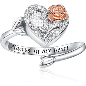 Heart Shaped Urn Ring for Ashes for Women 925 Sterling Silver - Cremation Rings Hold Human or Pets Ashes Memorial Jewelry Keepsake Adjustable Band with Rose Gold Flower Gifts for A Lost of Loved Ones