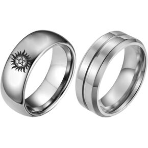 2Pack Set Stainless Steel Natural Dean’s Ring and Anti-Possession Symbol Ring Set for Men Women,Titanium Steel Dean Winchester Inspired Cosplay Jewelry Protection Band Ring
