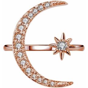 AAA Cubic Zirconia Big Moon and Sun Star Ring 925 Sterling Silver Opening Ring Crescent Shape Rhinestone Finger Band Half Moon Sun Star Artificial Diamond Inlay Engagement Ring