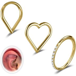3PCS 16G Titanium Nose Rings Hoops Septum Hinged Nose Rings CZ Conch Piercing Jewelry Heart Spike Segment Ring Clicker Cartilage Tragus Helix Daith Rook Hoop Earrings, Diameter 8mm/10mm