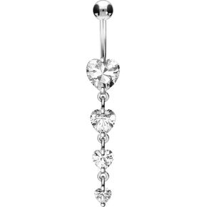 PIERCINGLINE surgical steel dangle belly button piercing with 4 hanging crystal hearts - belly button ring surgical steel, gold, silver, rosegold piercing - new version with improved durability