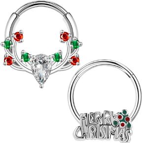 BodyAce Christmas Nose Rings Septum Hoops, 16g Daith Earrings Conch Piercing Tragus Jewelry, Surgical Steel Septum Ring for Women Christmas Nose Hoop