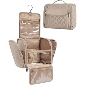 BAGSMART Toiletry Bag Travel Makeup Bag with Hanging Hook, Cosmetic Bag Make Organizer Case, Large Capacity Water-resistant Organizer for Toiletries Accessories Brushes Sponge, Beige