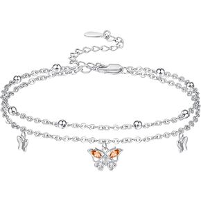 Palpitate Butterfly Anklet for Women Butterfly Anklets 925 Sterling Silver Butterfly Ankle Bracelets Layered Foot Chain for Women