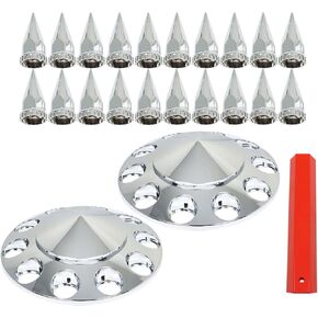 Chrome Hubcap Kit Front Wheels 33mm Spike Nuts Replacement for Semi Trucks 20 22.5 and 24.5 Wheels