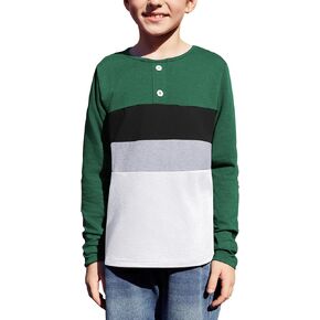 Arshiner Kids Boys Henley Shirts Cotton Long Sleeve Crewneck T-Shirts Color Block Tee Tops 3-12 Years