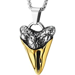 COOLSTEELANDBEYOND Men's Shark Tooth Amulet Pendant Necklace, Silver Gold Two-tone Stainless Steel, 30 in Chain