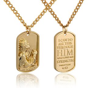 Jesus Necklace for Men – Engraved 2-Sided Masculine Dog Tag Pendant with Image of Jesus Praying & Philippians 4:13 (NIV) – Available in Aged Silver or Gold – Celebrate His Resurrection