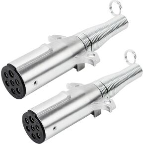 Oyviny Trailer-Side 7 Pin Round Trailer Plug with Extension Spring 2PCS, 7 Way Semi Trailer Plug Zinc Die-Cast with Cable Guard, Round 7 Pin Trailer Socket 7 Inch Length