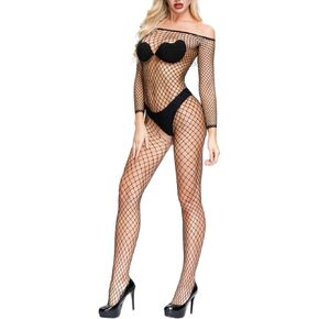 Women Fishnet BodyStocking Mesh Lingerie Sexy Long Sleeve Bodysuits Off Shoulder One Piece Jumpsuit Nightwear