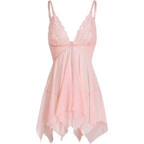 Women's 2 Piece Lingerie Set Floral Lace Sheer Mesh Babydoll Nightgown with Low Rise Thong