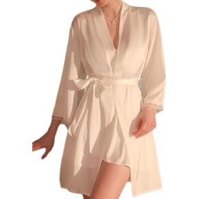 Women Lingerie Satin Lace Chemise Babydoll Sexy Sling Nightgown with Outer Robe