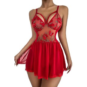 ADSEXY Women Lingerie Floral Embroidery Babydoll Lace Mesh Chemise Side Slit Sleepwear V Neck Nightgown
