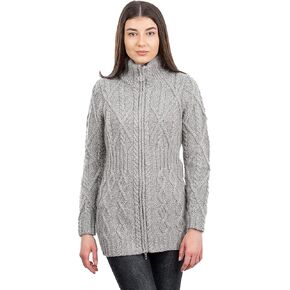 SAOL - 100% Merino Wool Ladies Cable Knit Cardigan Full Zip Irish Coat
