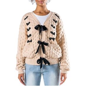 Women Bow Tie Front Leopard Knit Cardigan Sweater Y2k Long Sleeve Cheetah Crochet Knitted Crop Shirt Going Out Top