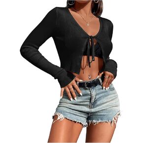 SHENHE Women's V Neck Ribbed Knit Tie Front Cropped Plain Long Sleeve Cardigan Outwear