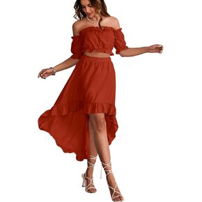 LYANER Women's Two Pieces Outfits Off Shoulder Crop Top and High Low Skirt Set